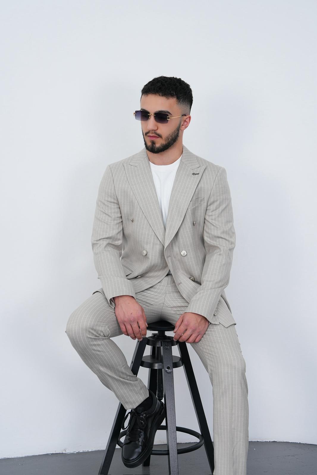 Dupont Erkek Çizgili Kruvaze Takım Elbise - Slim Fit 6 Drop Kırlangıç Yaka