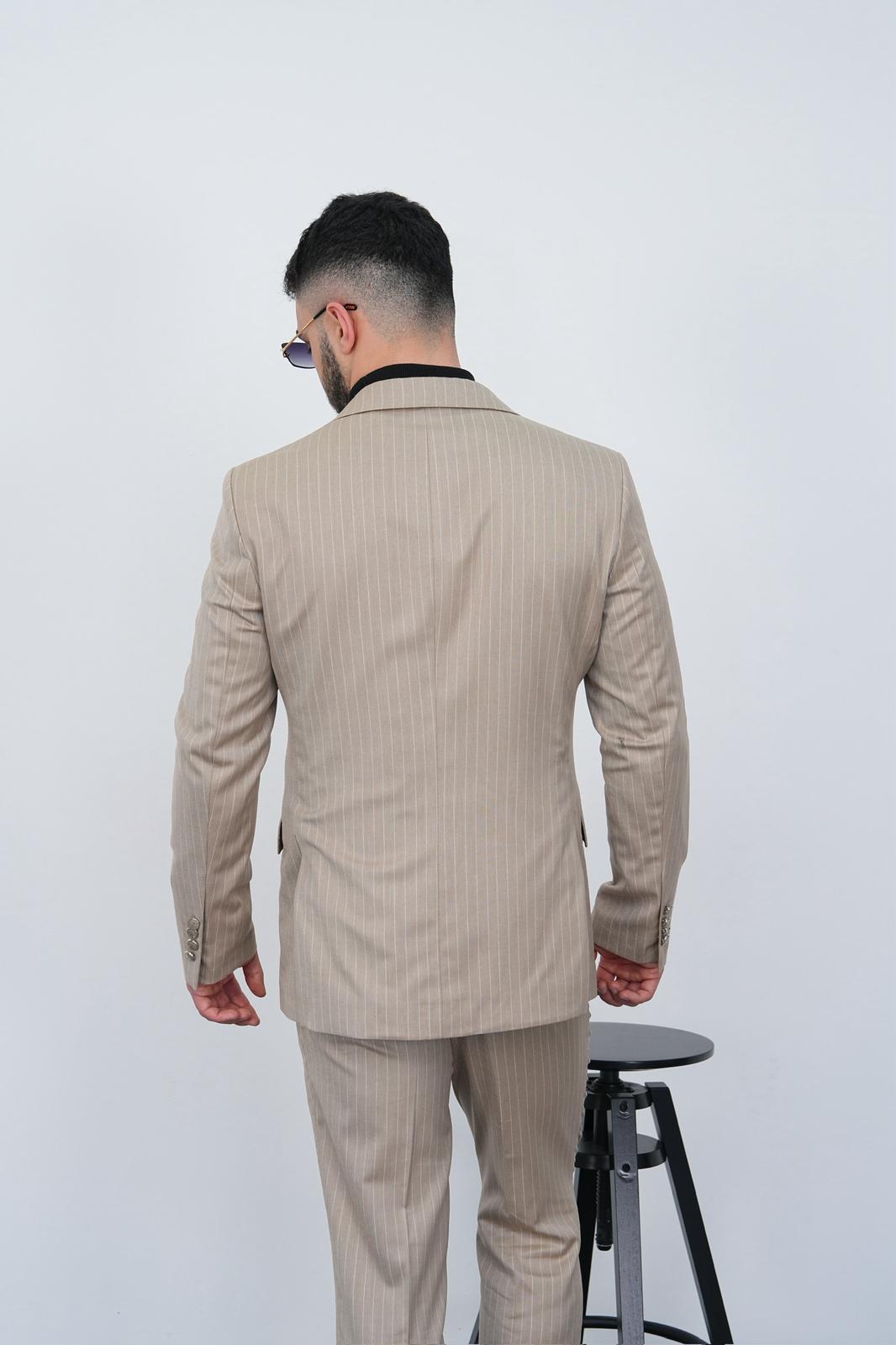 Dupont Erkek Çizgili Kruvaze Takım Elbise - Slim Fit 6 Drop Kırlangıç Yaka