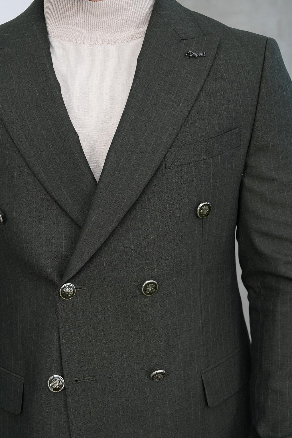 Dupont Erkek Çizgili Kruvaze Takım Elbise - Slim Fit 6 Drop Çift Yırtmaçlı