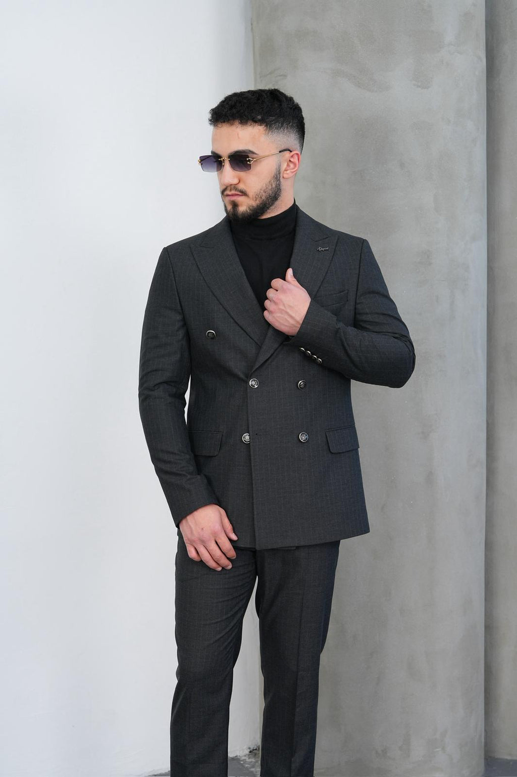 Dupont Erkek Çizgili Kruvaze Takım Elbise - Slim Fit 6 Drop Kırlangıç Yaka