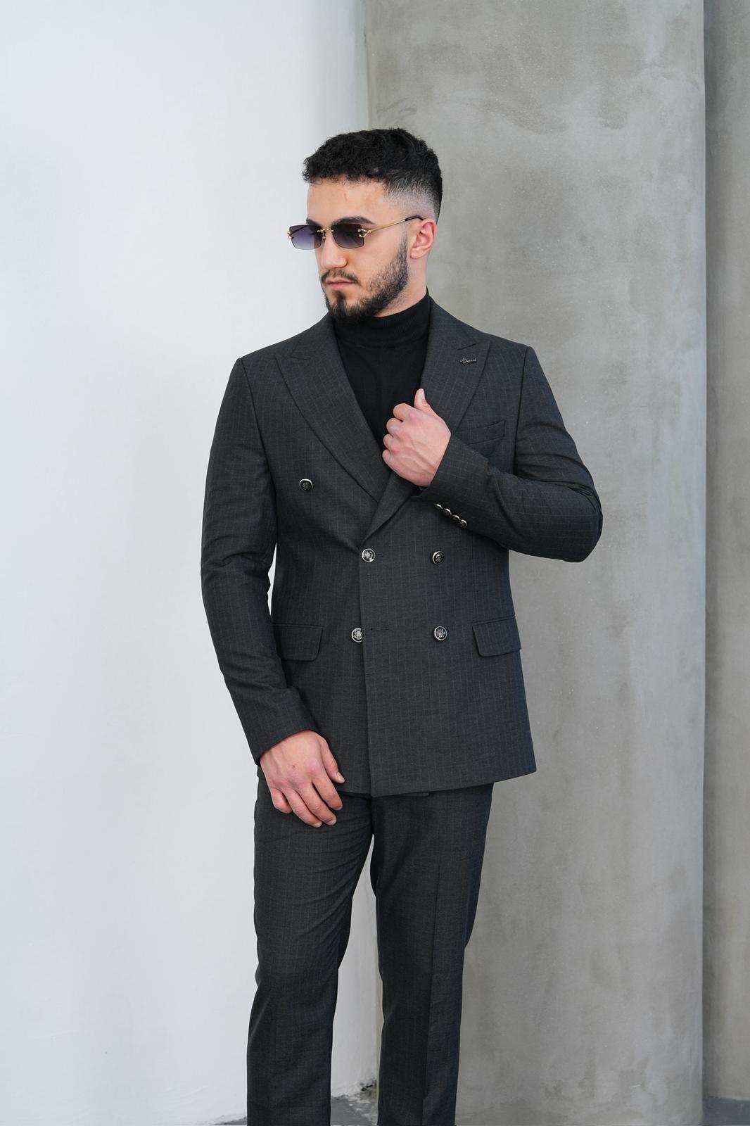 Dupont Erkek Çizgili Kruvaze Takım Elbise - Slim Fit 6 Drop Kırlangıç Yaka