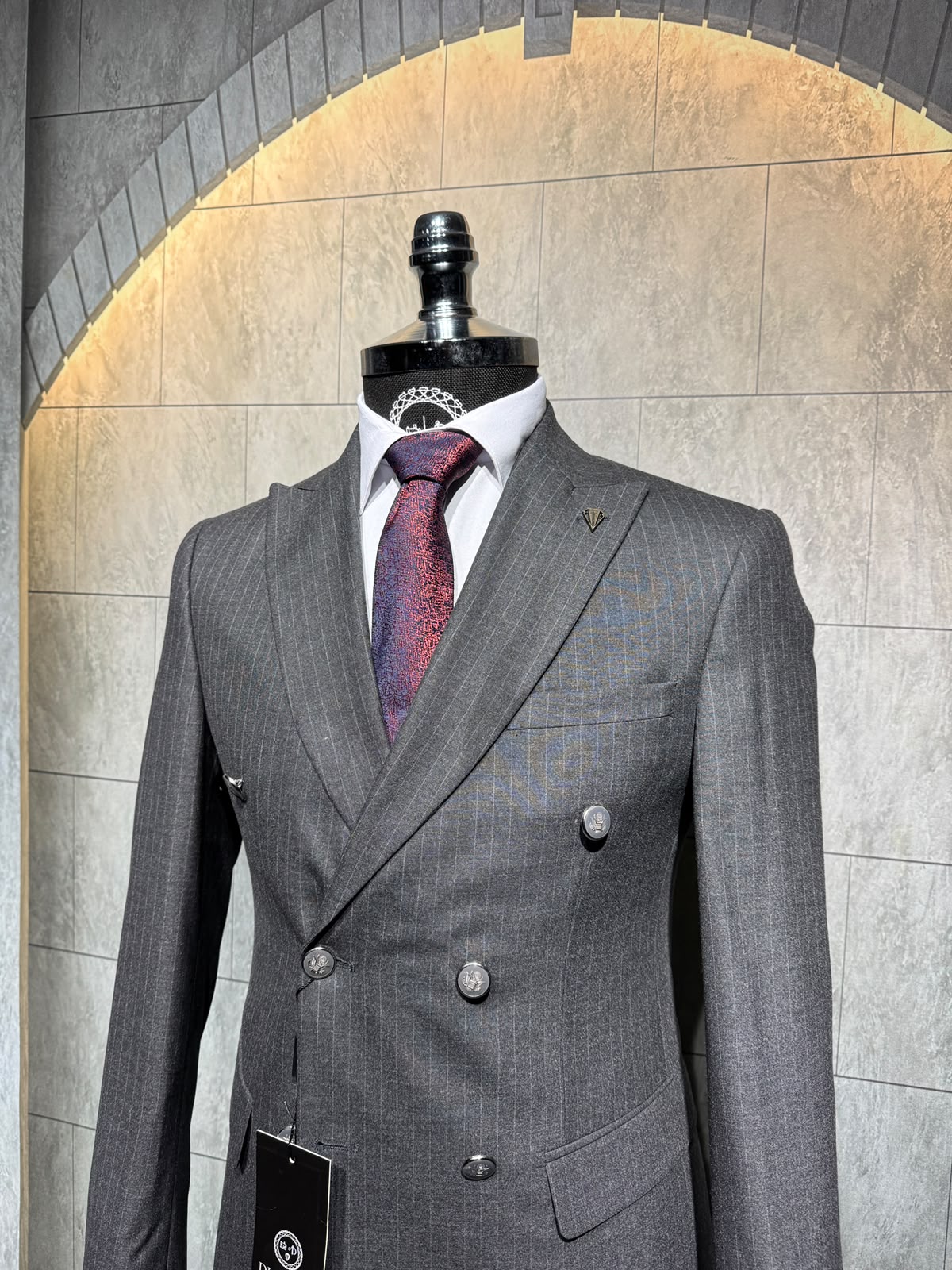 Dupont Erkek Çizgili Kruvaze Çift Yırtmaç 2'li Takım Elbise Slim Fit 6 Drop