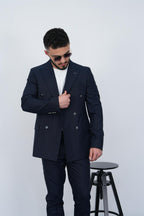 Dupont Erkek Çizgili Kruvaze Takım Elbise - Slim Fit 6 Drop Kırlangıç Yaka