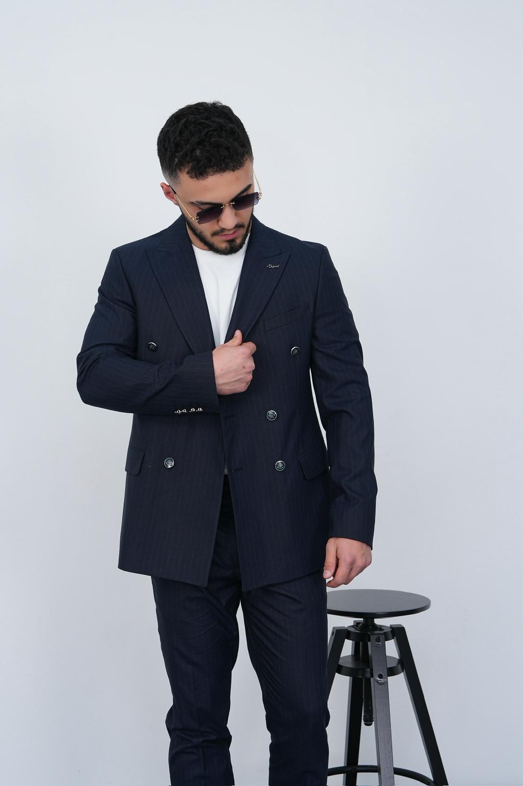 Dupont Erkek Çizgili Kruvaze Takım Elbise - Slim Fit 6 Drop Kırlangıç Yaka