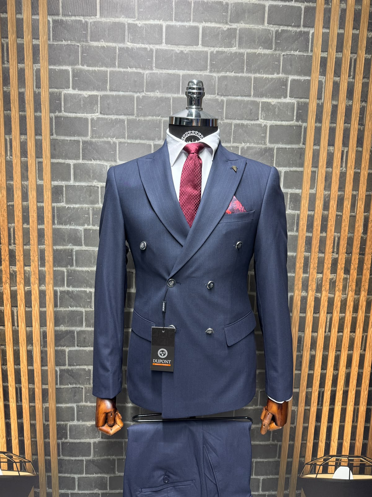 Dupont Erkek Çizgili Kruvaze Çift Yırtmaç 2'li Takım Elbise Slim Fit 6 Drop