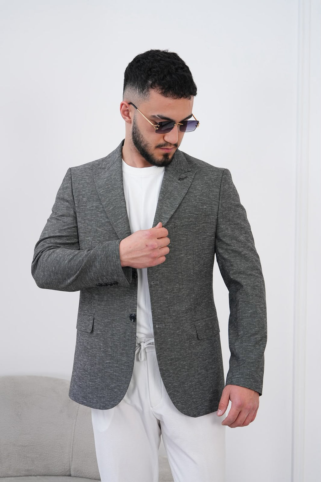 Dupont Keten Karışımlı Slim Fit Sivri Yaka Çift Düğme Tek Blazer Ceket