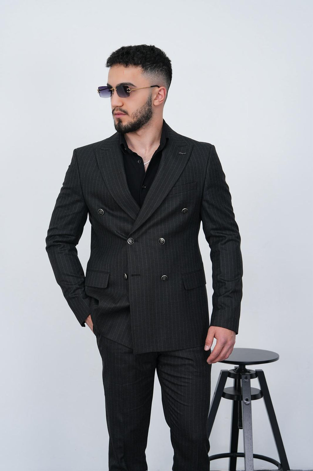 Dupont Erkek Çizgili Kruvaze Takım Elbise - Slim Fit 6 Drop Kırlangıç Yaka