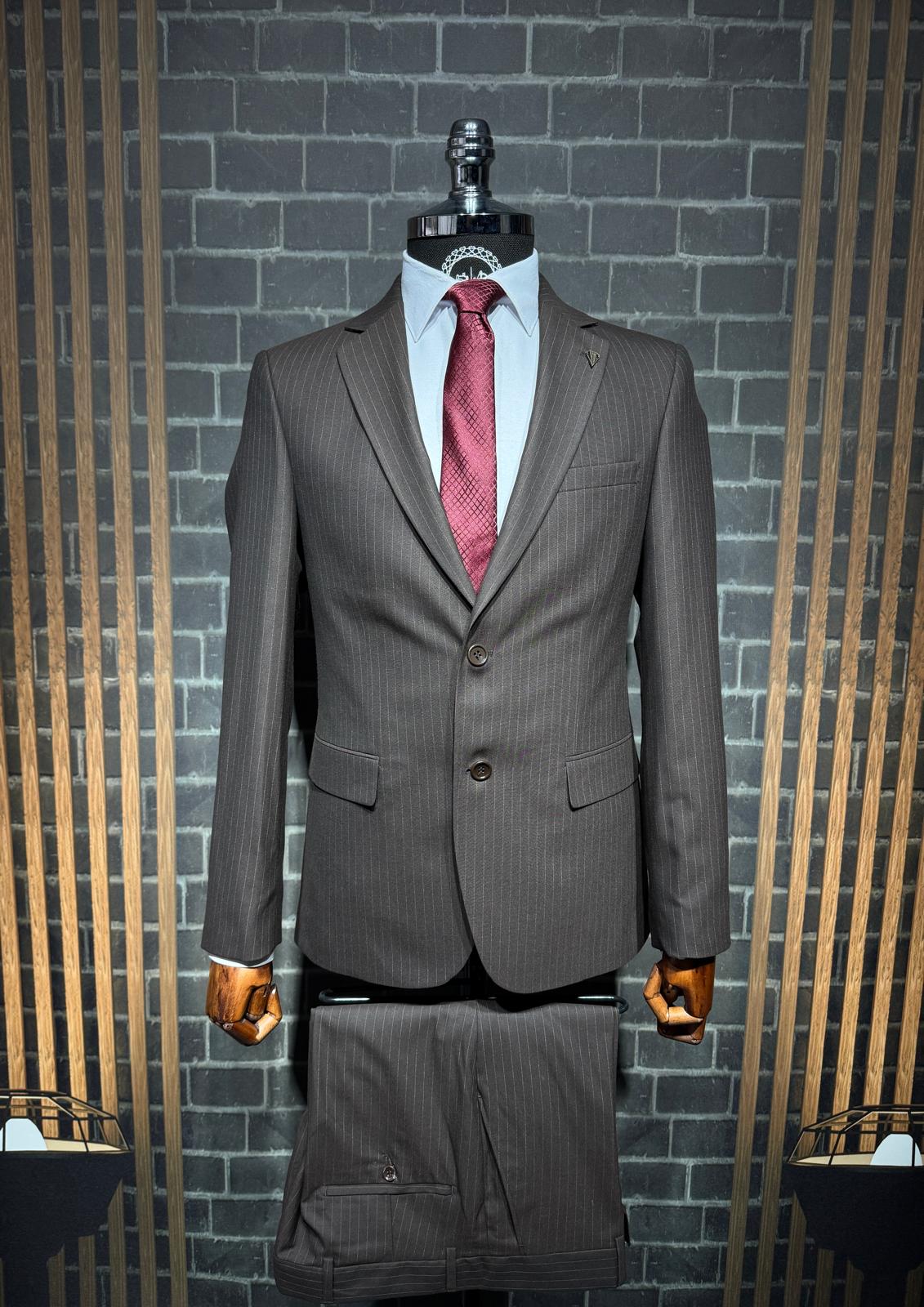 Dupont Slim Fit Çizgili Erkek Takım Elbise - Mono Yaka Çift Düğme
