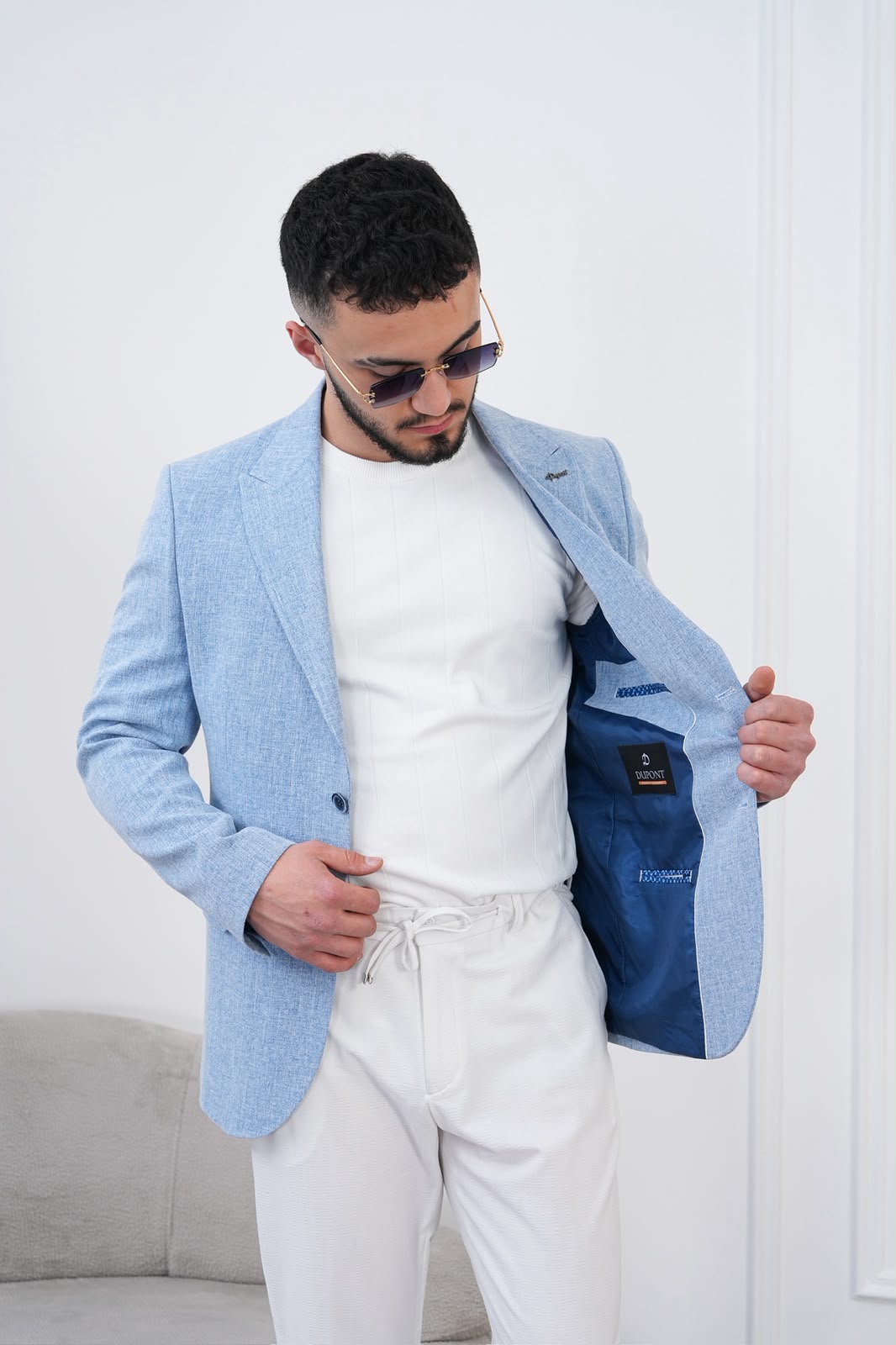 Dupont Keten Karışımlı Slim Fit Sivri Yaka Çift Düğme Tek Blazer Ceket