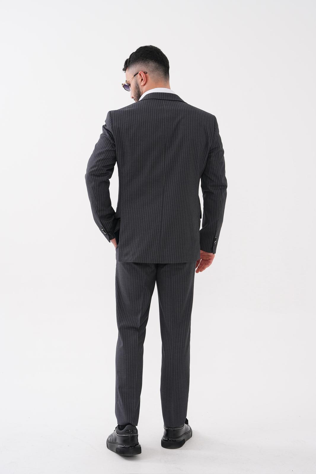 Dupont Çizgili Slim Fit 6 Drop Çift Düğme Çift Yırtmaç 2'li Takım Elbise