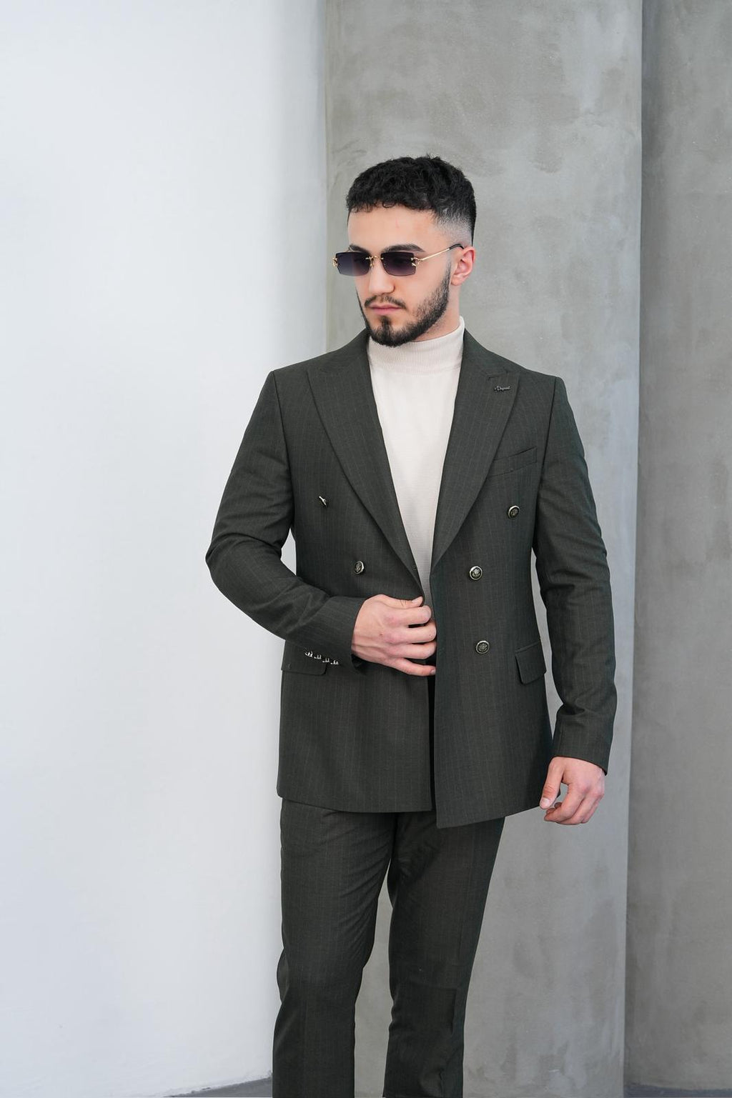 Dupont Erkek Çizgili Kruvaze Takım Elbise - Slim Fit 6 Drop Çift Yırtmaçlı
