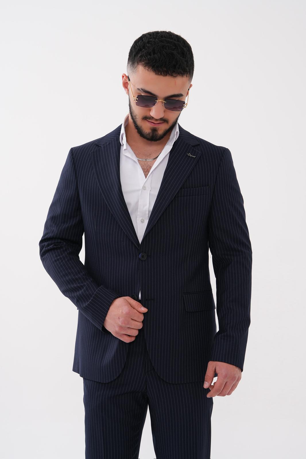 Dupont Çizgili Slim Fit 6 Drop Çift Düğme Çift Yırtmaç 2'li Takım Elbise