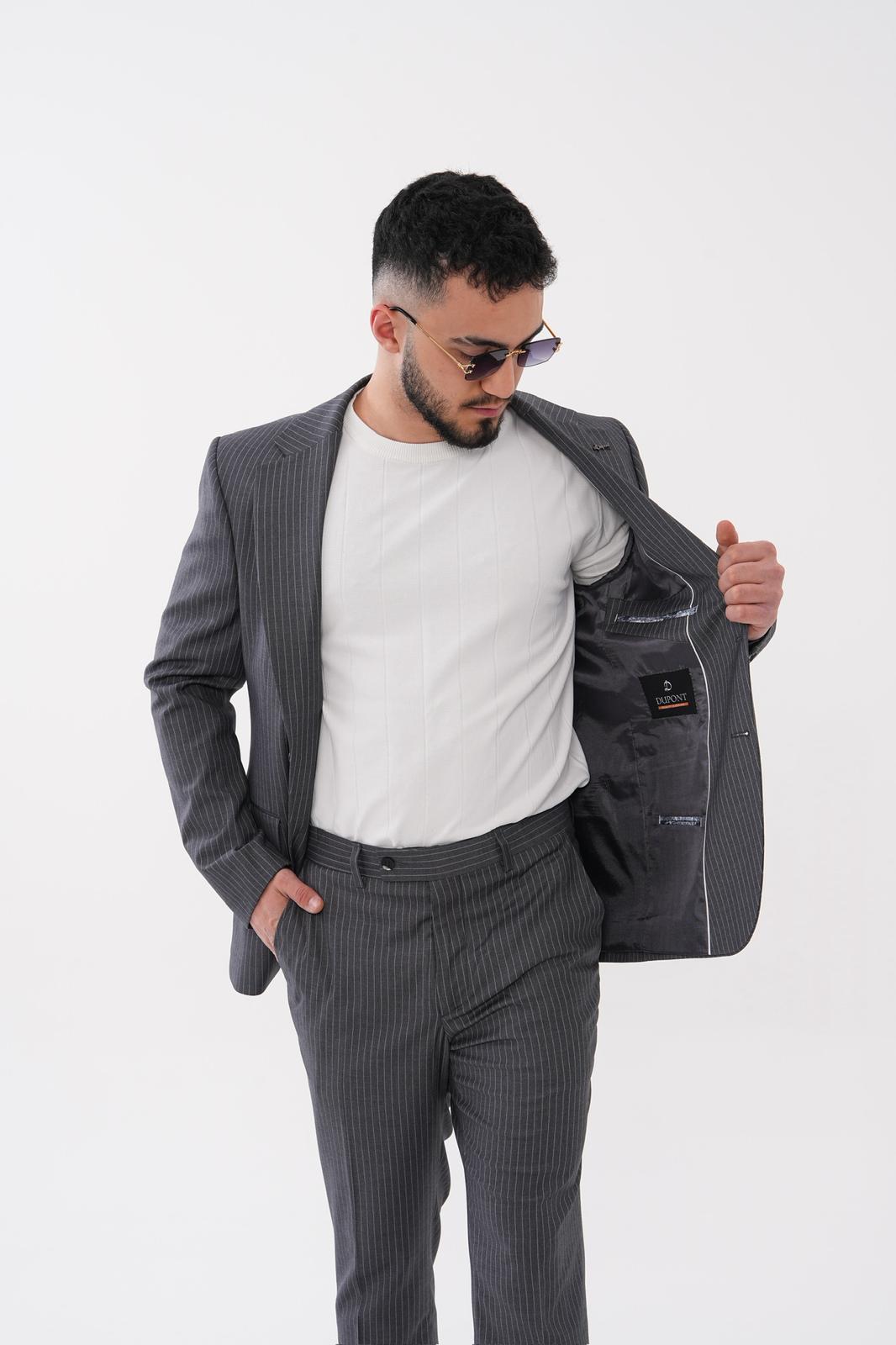 Dupont Çizgili Slim Fit 6 Drop Çift Düğme Çift Yırtmaç 2'li Takım Elbise