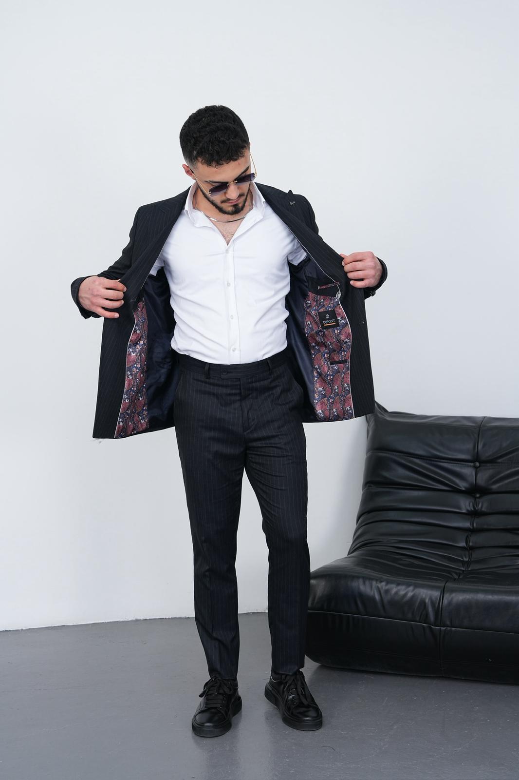 Dupont Erkek Çizgili Kruvaze Takım Elbise - Slim Fit 6 Drop Çift Yırtmaçlı