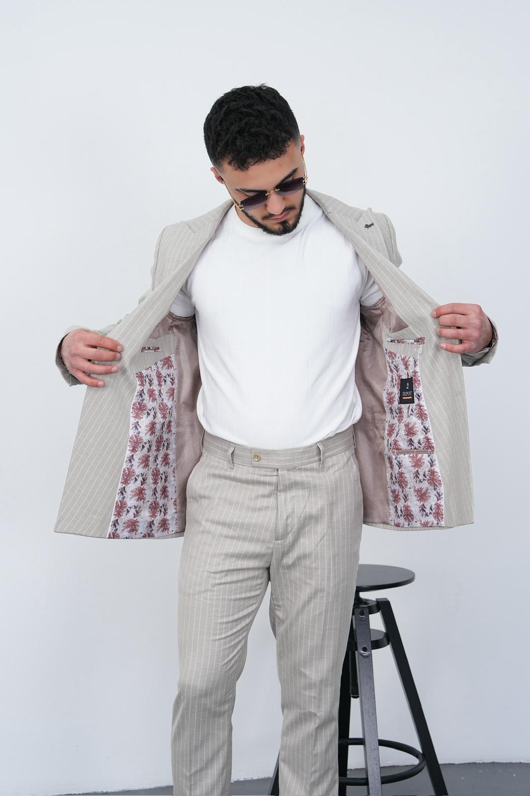Dupont Erkek Çizgili Kruvaze Takım Elbise - Slim Fit 6 Drop Kırlangıç Yaka