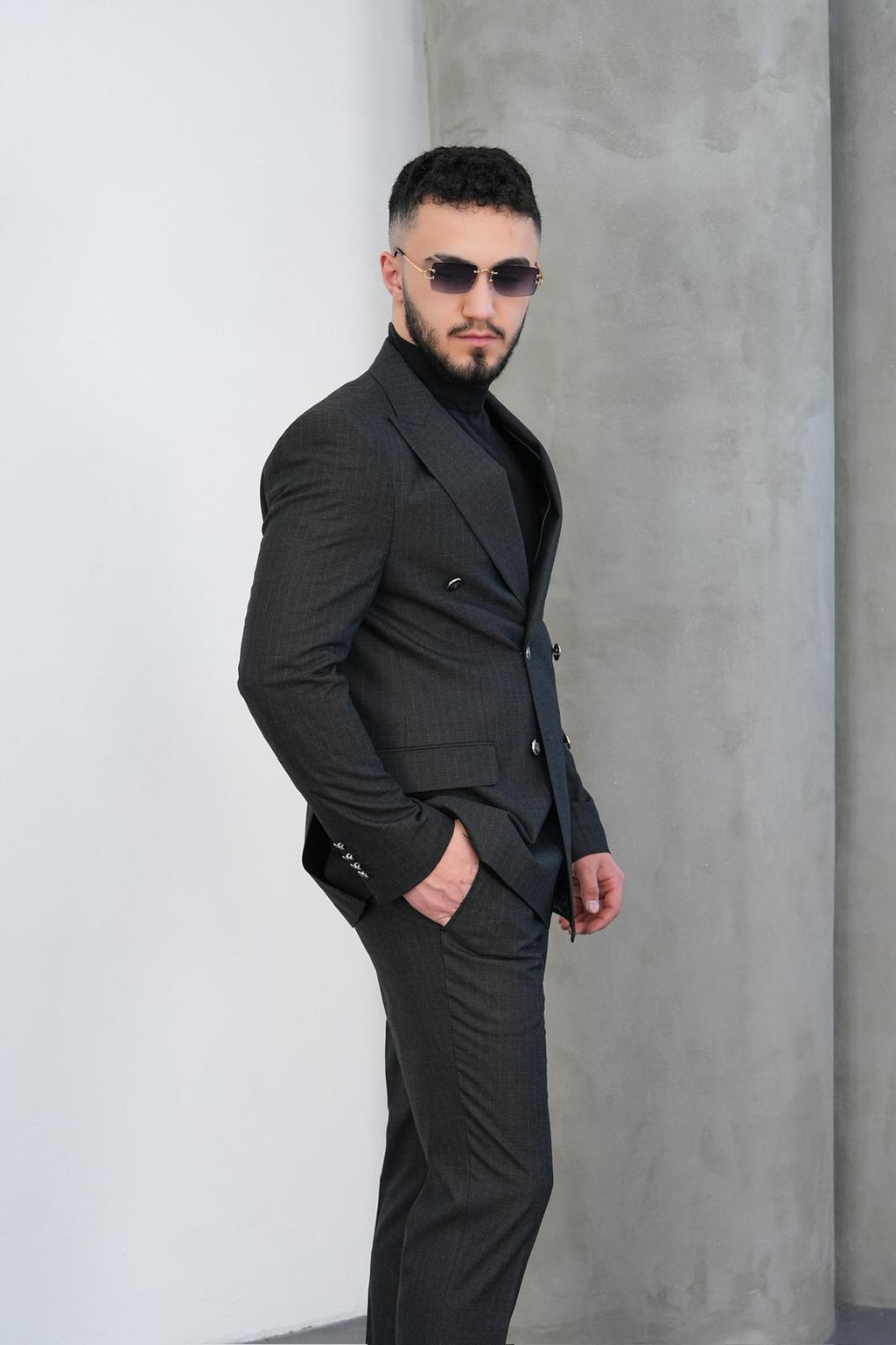 Dupont Erkek Çizgili Kruvaze Takım Elbise - Slim Fit 6 Drop Kırlangıç Yaka
