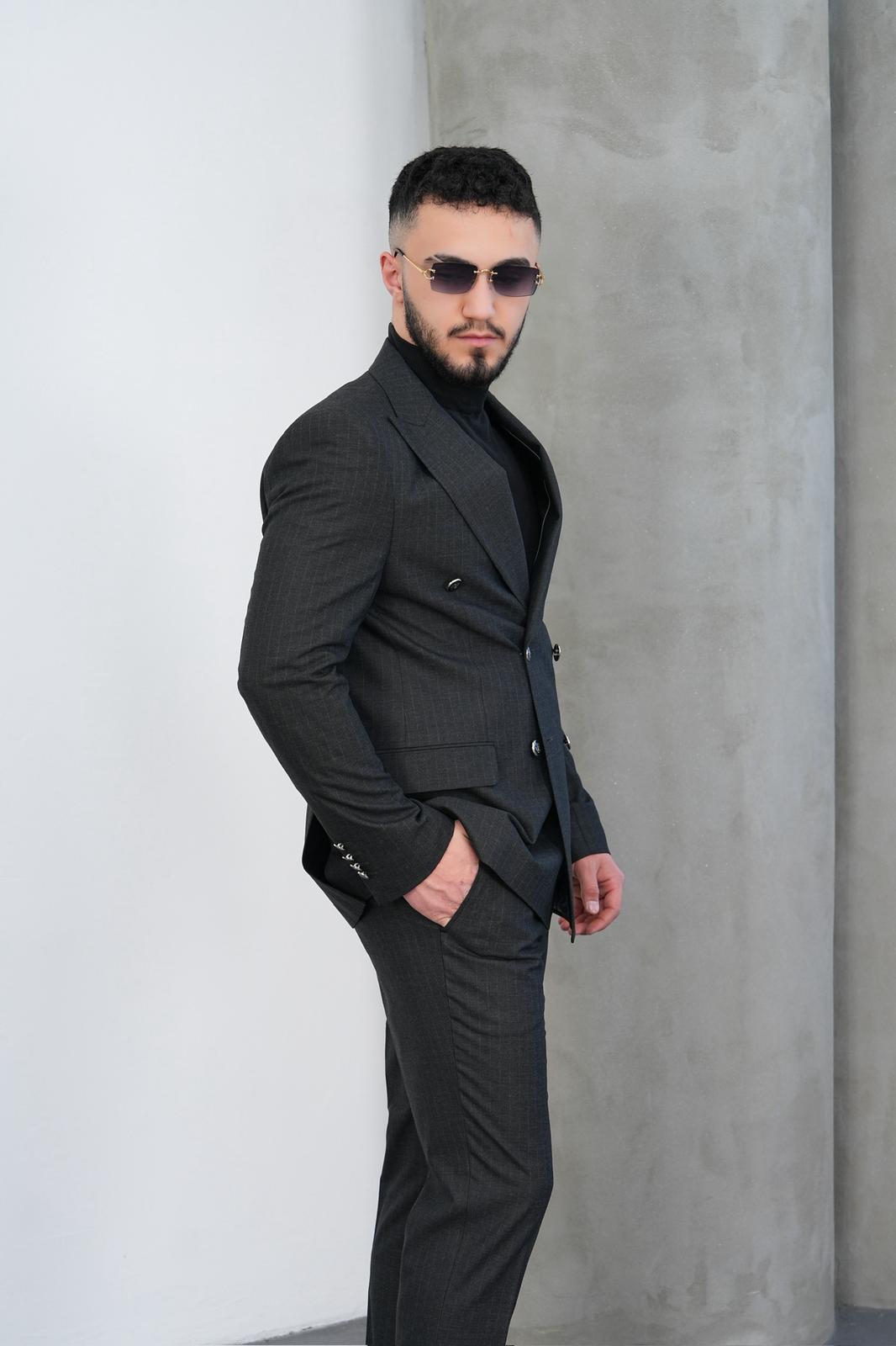 Dupont Erkek Çizgili Kruvaze Takım Elbise - Slim Fit 6 Drop Kırlangıç Yaka