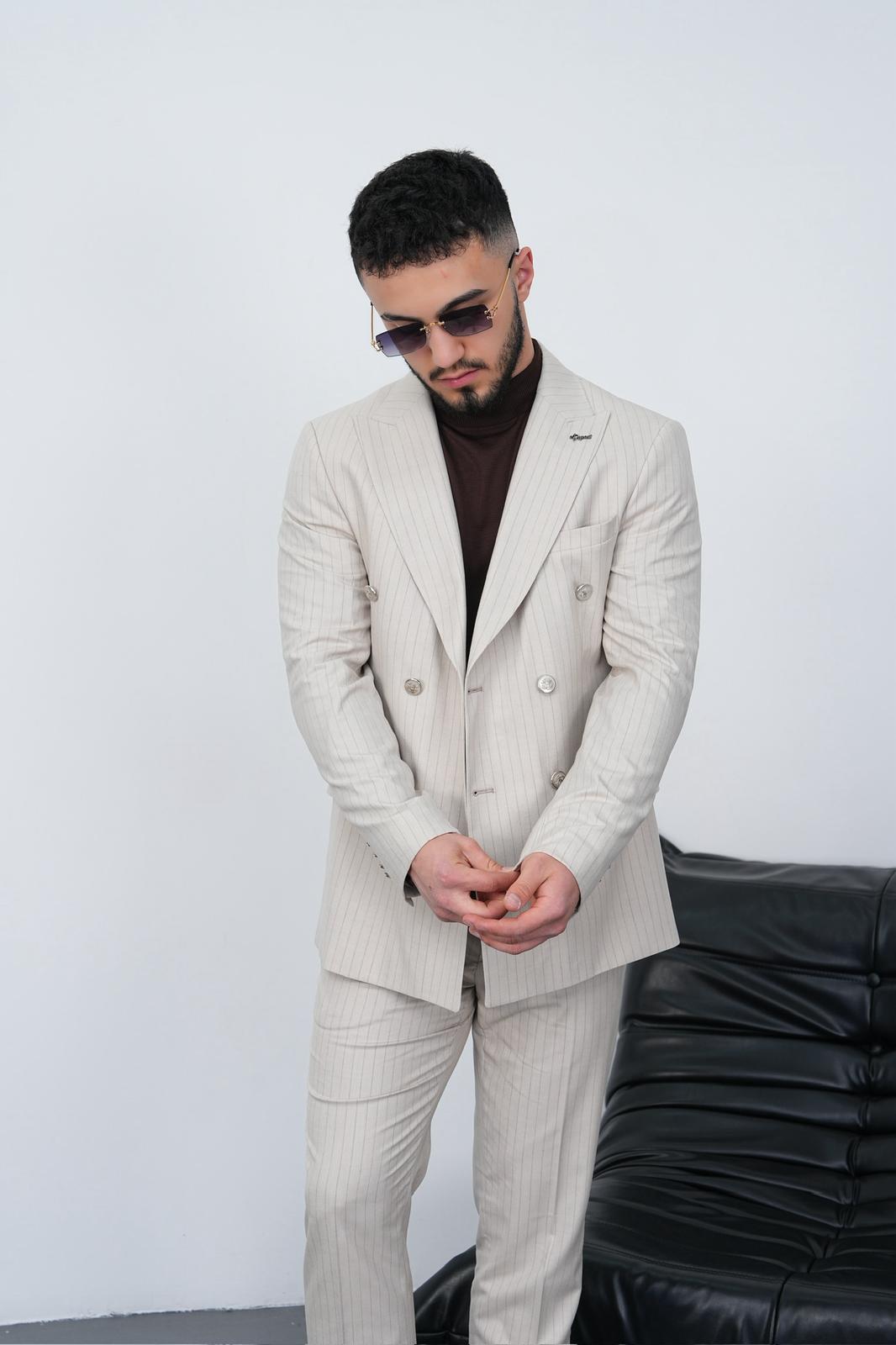 Dupont Erkek Çizgili Kruvaze Takım Elbise - Slim Fit 6 Drop Çift Yırtmaçlı