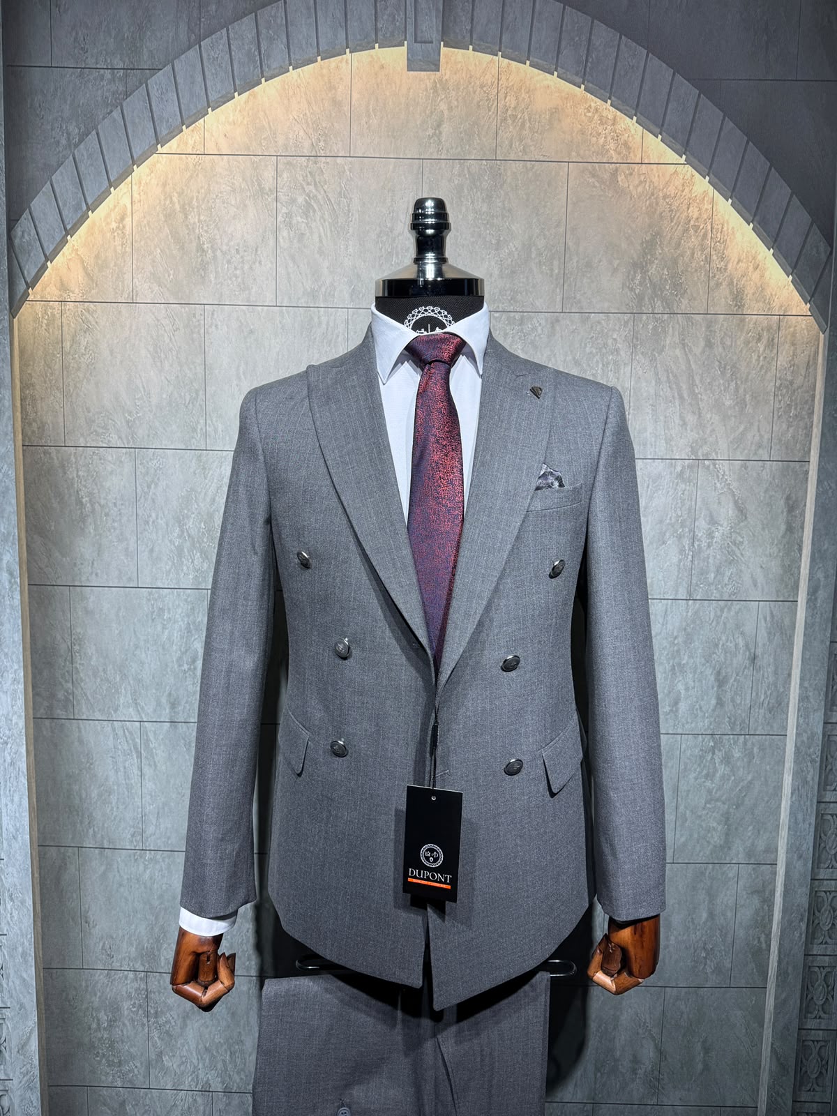 Dupont Erkek Çizgili Kruvaze Çift Yırtmaç 2'li Takım Elbise Slim Fit 6 Drop