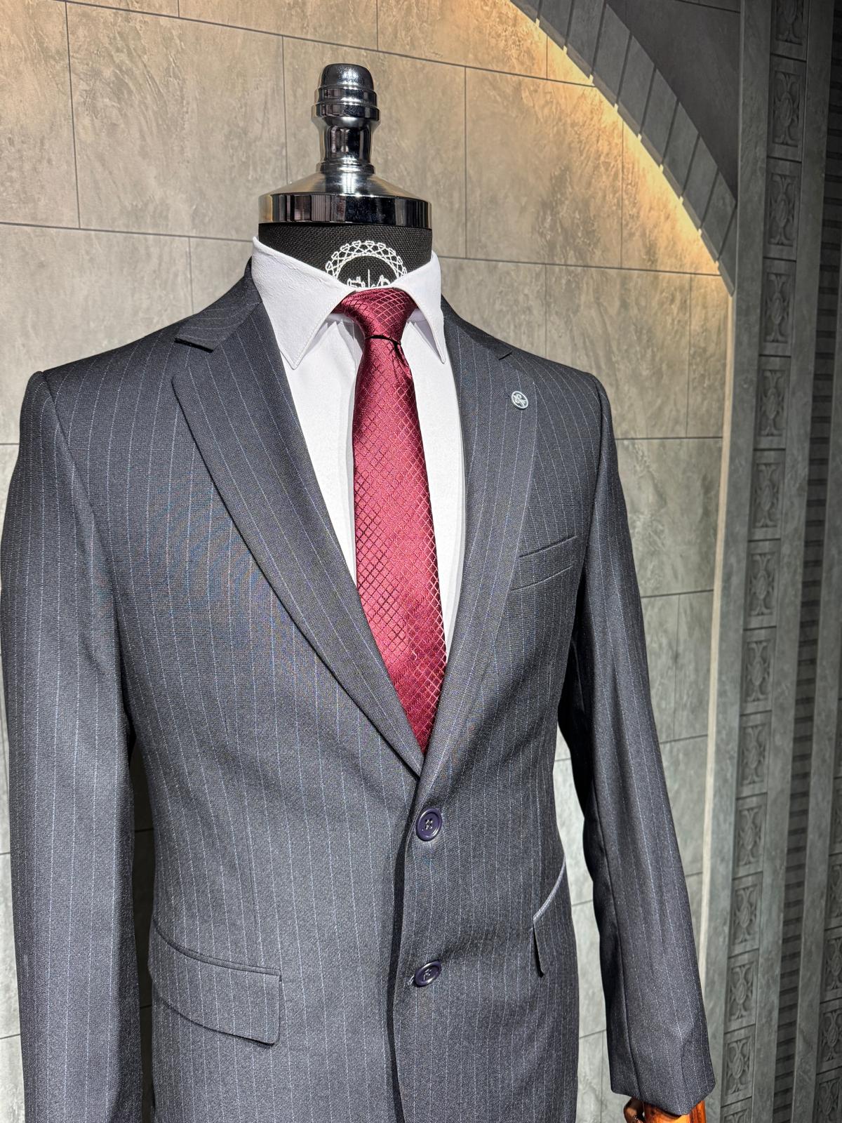 Dupont Slim Fit Çizgili Erkek Takım Elbise - Mono Yaka Çift Düğme