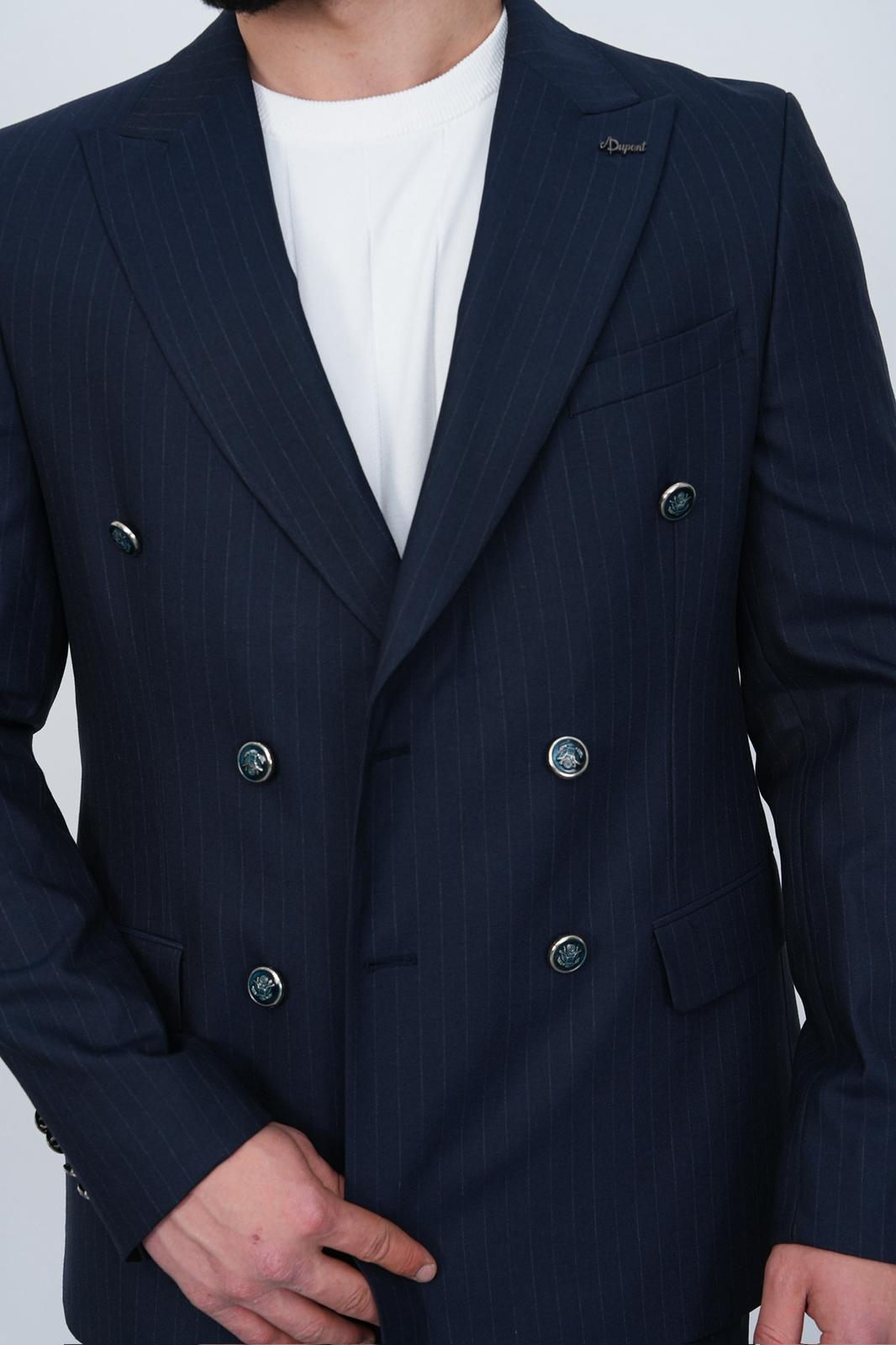 Dupont Erkek Çizgili Kruvaze Takım Elbise - Slim Fit 6 Drop Kırlangıç Yaka