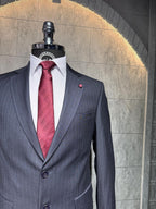 Dupont Slim Fit Çizgili Erkek Takım Elbise - Mono Yaka Çift Düğme