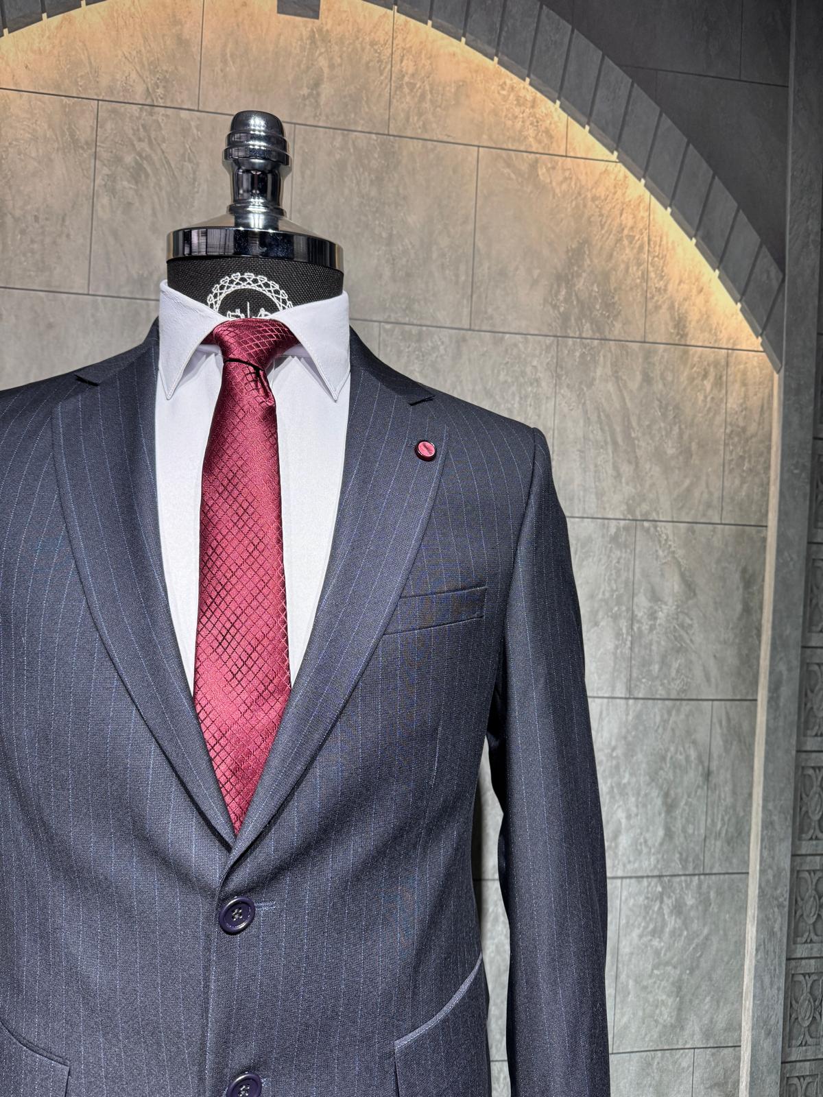 Dupont Slim Fit Çizgili Erkek Takım Elbise - Mono Yaka Çift Düğme