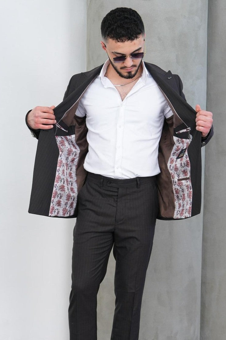 Dupont Erkek Çizgili Kruvaze Takım Elbise - Slim Fit 6 Drop Çift Yırtmaçlı