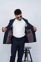 Dupont Erkek Çizgili Kruvaze Takım Elbise - Slim Fit 6 Drop Kırlangıç Yaka