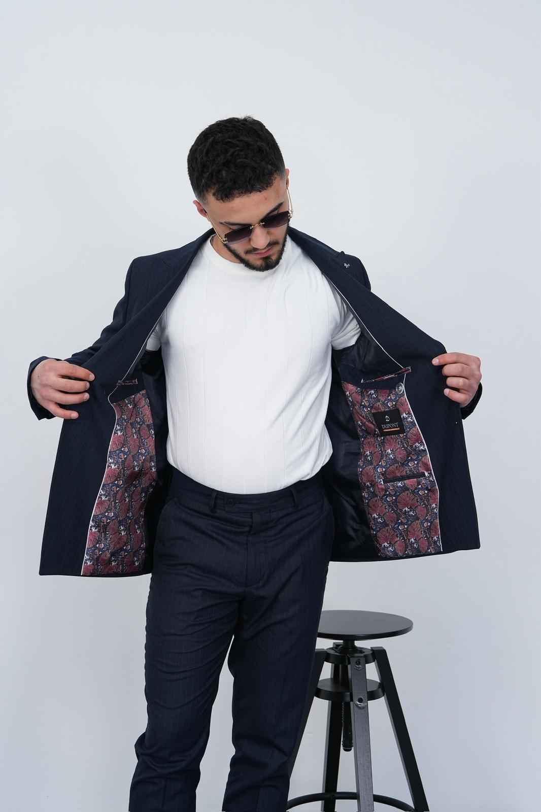 Dupont Erkek Çizgili Kruvaze Takım Elbise - Slim Fit 6 Drop Kırlangıç Yaka