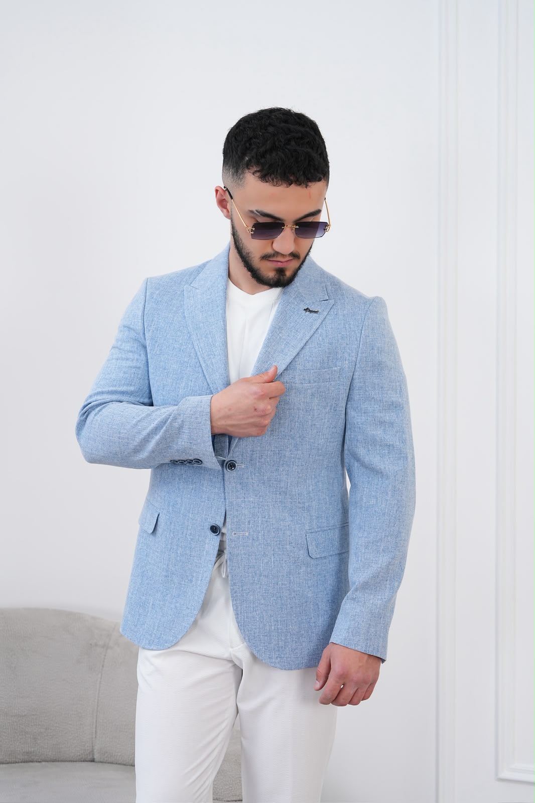 Dupont Keten Karışımlı Slim Fit Sivri Yaka Çift Düğme Tek Blazer Ceket