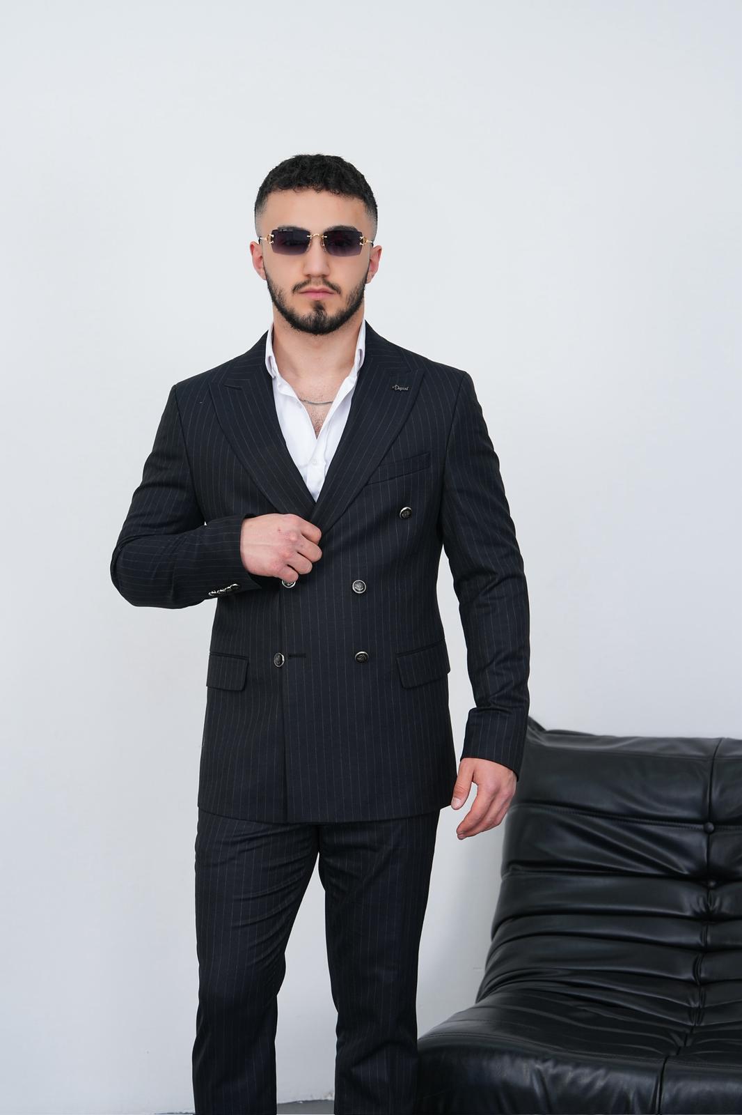 Dupont Erkek Çizgili Kruvaze Takım Elbise - Slim Fit 6 Drop Çift Yırtmaçlı