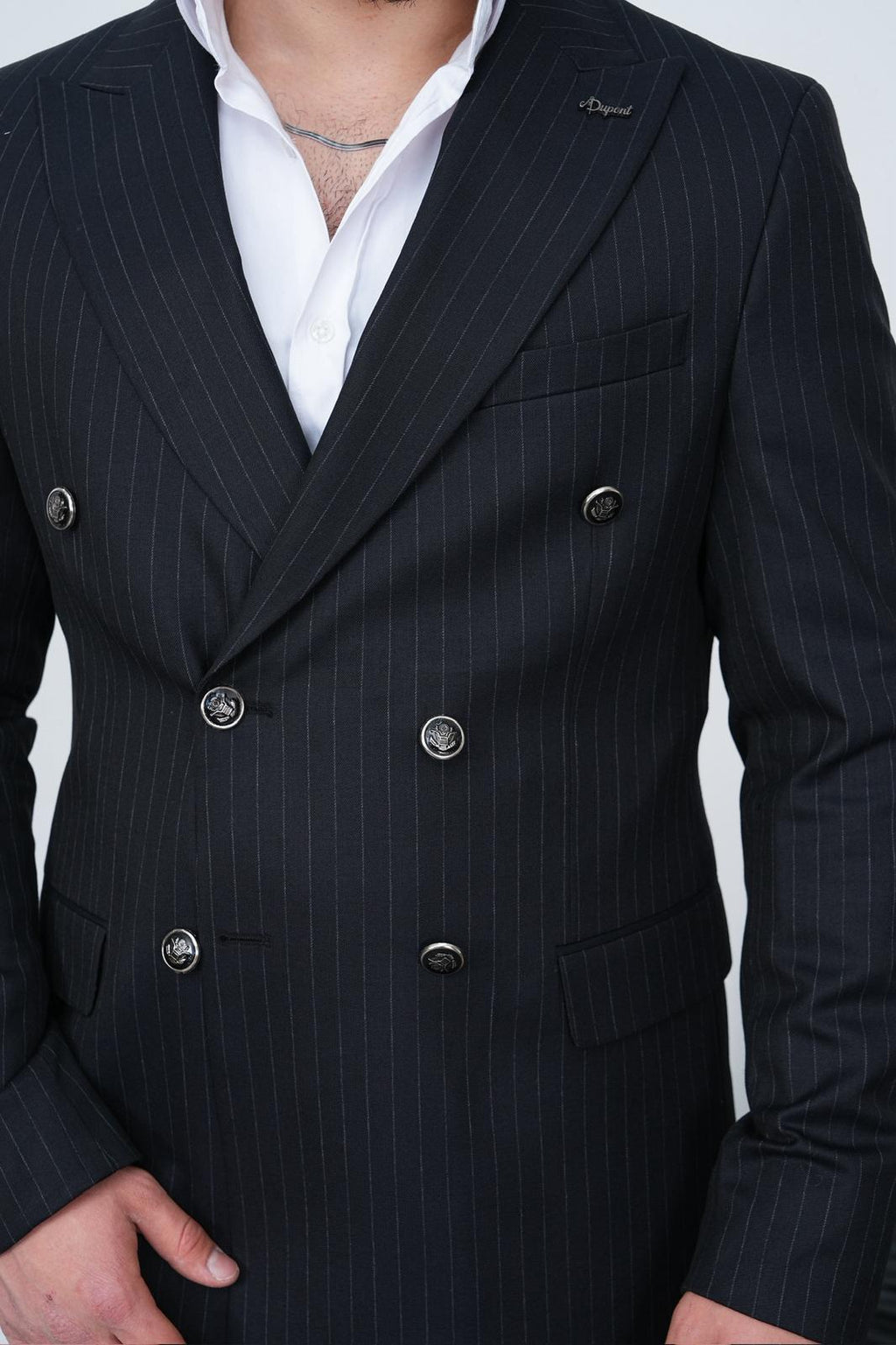 Dupont Erkek Çizgili Kruvaze Takım Elbise - Slim Fit 6 Drop Çift Yırtmaçlı