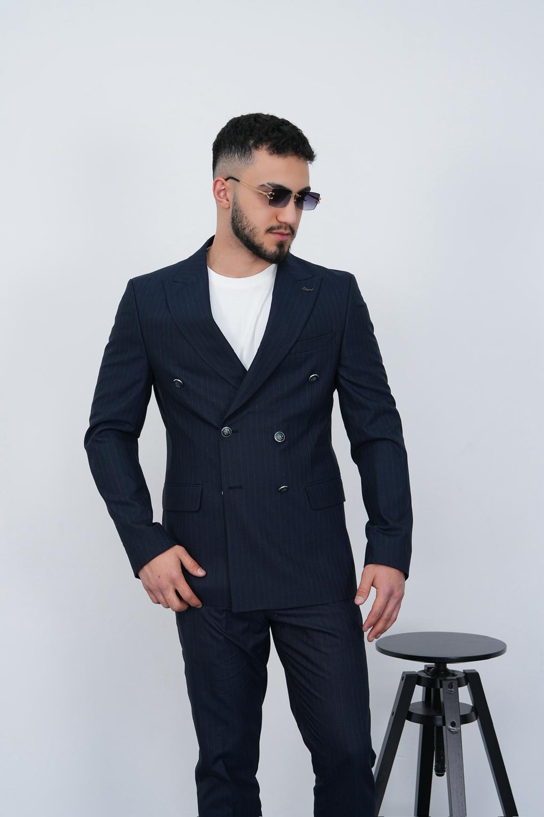 Dupont Erkek Çizgili Kruvaze Takım Elbise - Slim Fit 6 Drop Kırlangıç Yaka