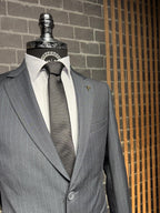 Dupont Slim Fit Çizgili Erkek Takım Elbise - Mono Yaka Çift Düğme