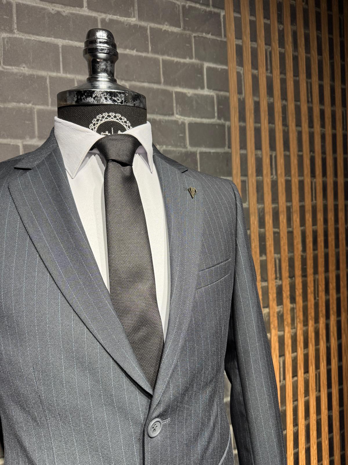 Dupont Slim Fit Çizgili Erkek Takım Elbise - Mono Yaka Çift Düğme