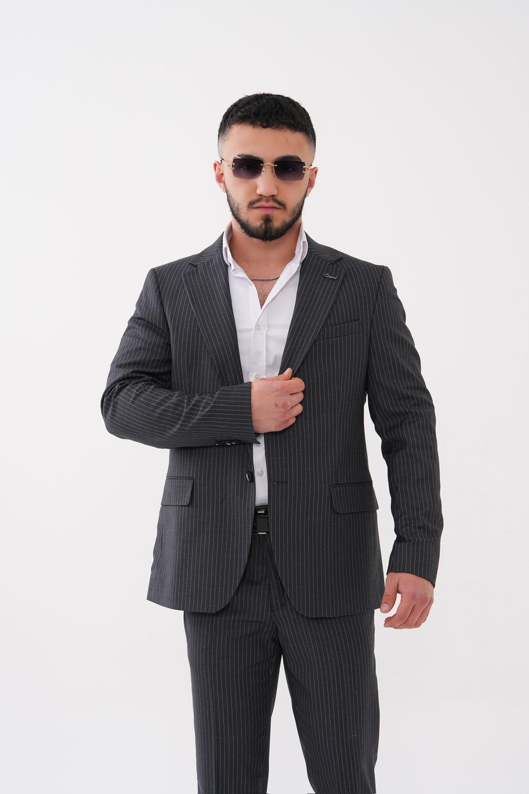 Dupont Çizgili Slim Fit 6 Drop Çift Düğme Çift Yırtmaç 2'li Takım Elbise