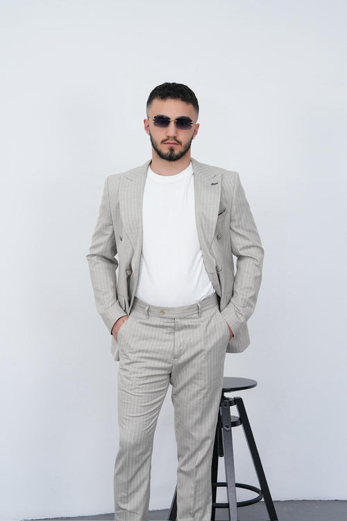 Dupont Erkek Çizgili Kruvaze Takım Elbise - Slim Fit 6 Drop Kırlangıç Yaka