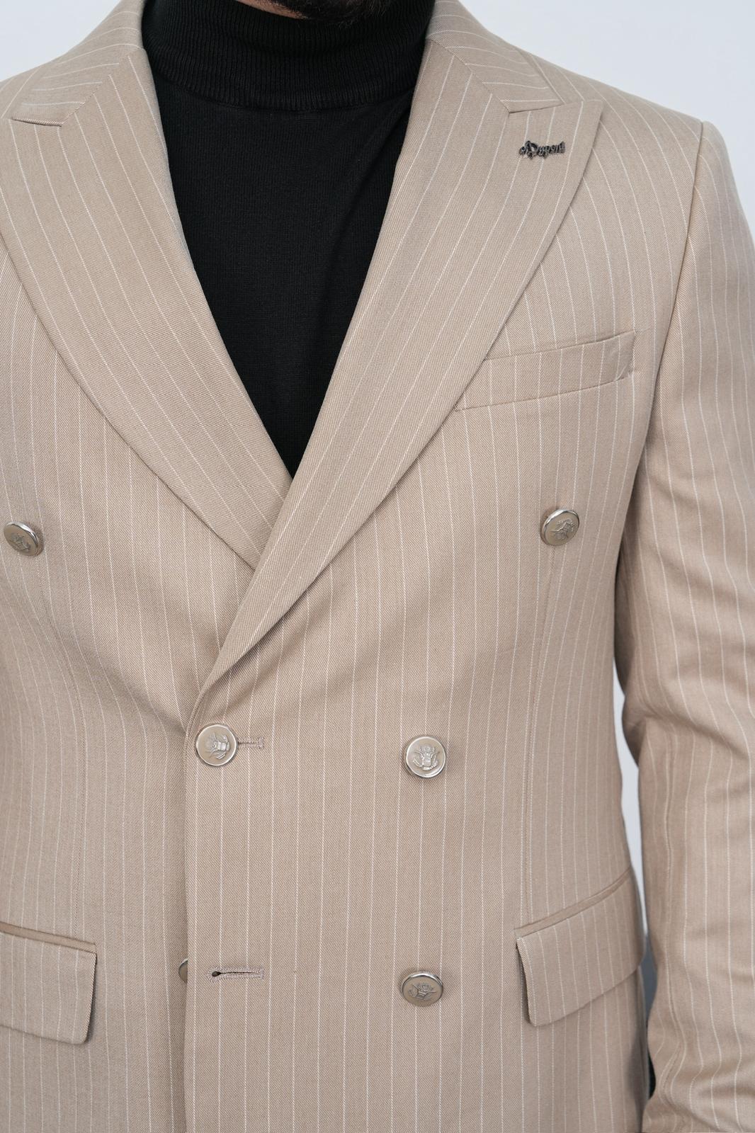 Dupont Erkek Çizgili Kruvaze Takım Elbise - Slim Fit 6 Drop Kırlangıç Yaka