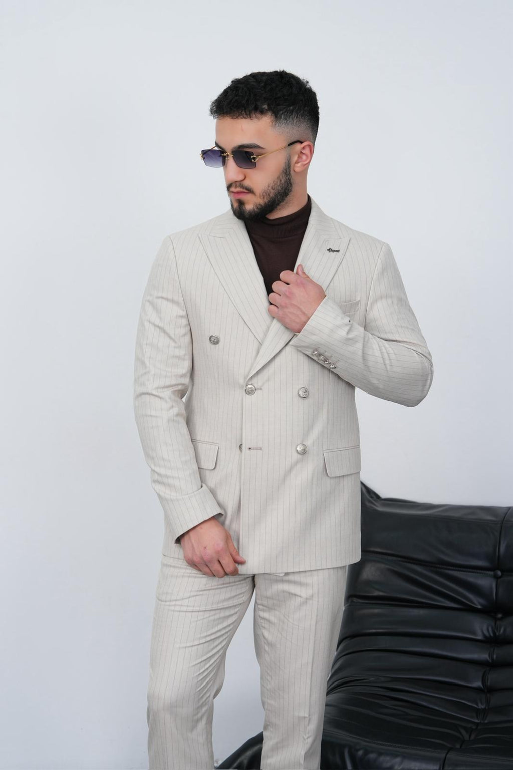 Dupont Erkek Çizgili Kruvaze Takım Elbise - Slim Fit 6 Drop Çift Yırtmaçlı