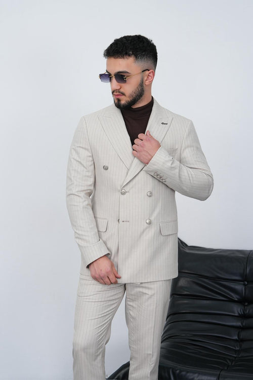 Dupont Erkek Çizgili Kruvaze Takım Elbise - Slim Fit 6 Drop Çift Yırtmaçlı