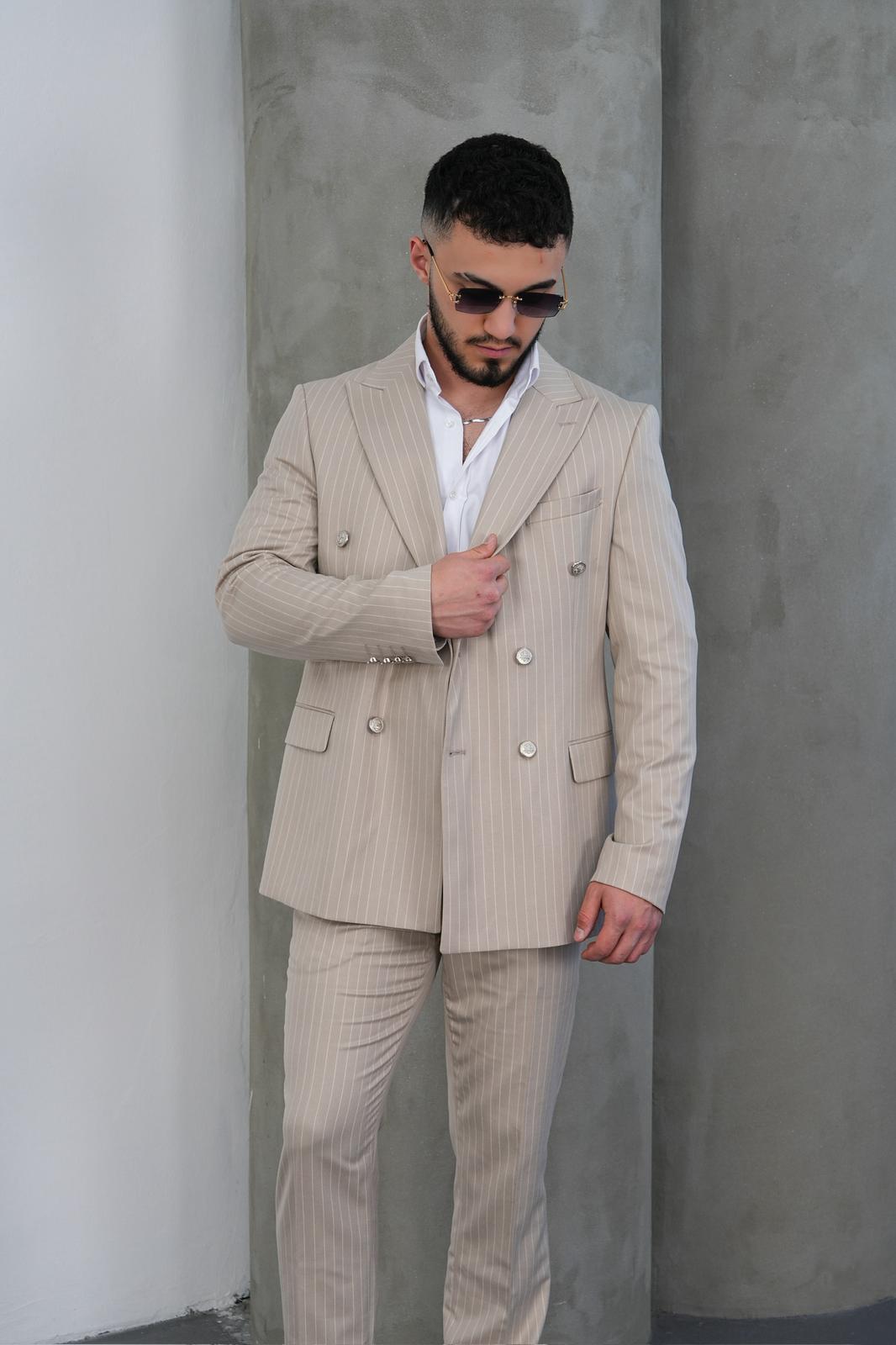 Dupont Erkek Çizgili Kruvaze Takım Elbise - Slim Fit 6 Drop Kırlangıç Yaka