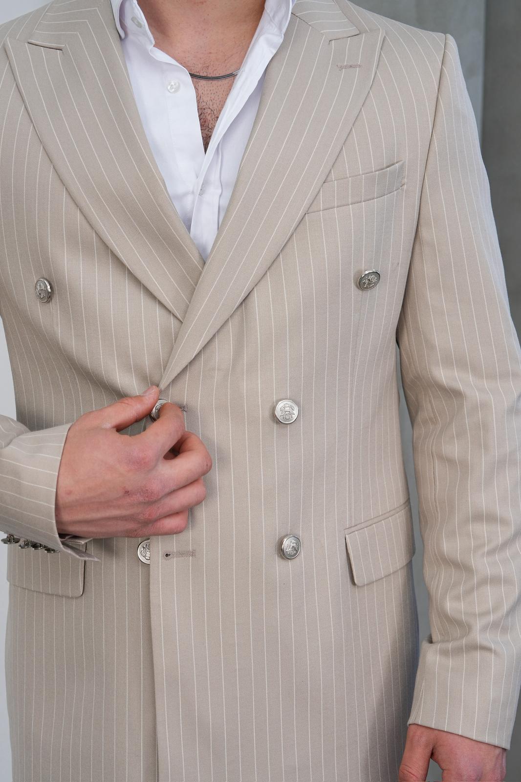 Dupont Erkek Çizgili Kruvaze Takım Elbise - Slim Fit 6 Drop Kırlangıç Yaka