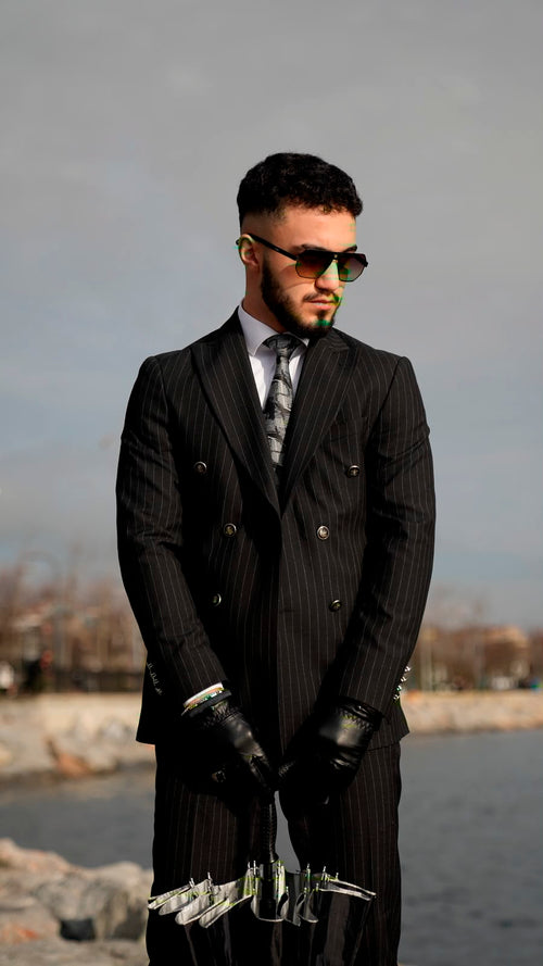 Dupont Erkek Çizgili Kruvaze Çift Yırtmaç 2'li Takım Elbise Slim Fit 6 Drop