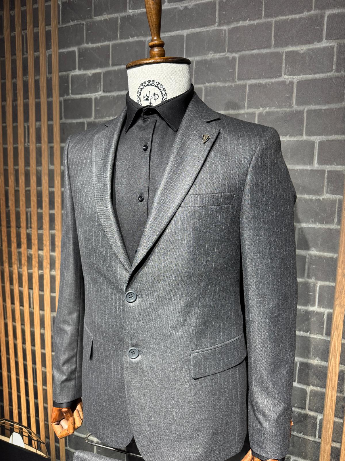 Dupont Slim Fit Çizgili Erkek Takım Elbise - Mono Yaka Çift Düğme