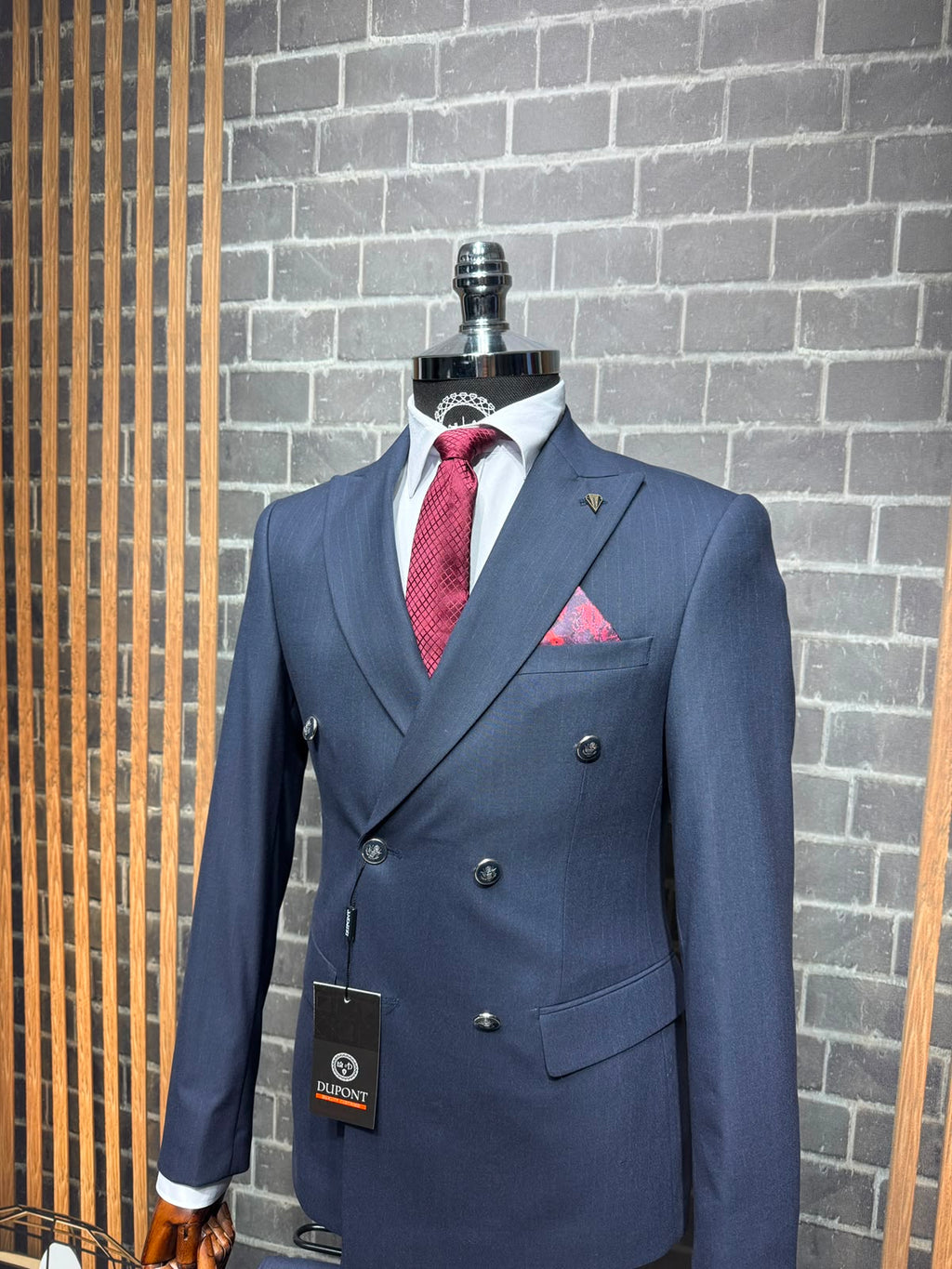 Dupont Erkek Çizgili Kruvaze Çift Yırtmaç 2'li Takım Elbise Slim Fit 6 Drop