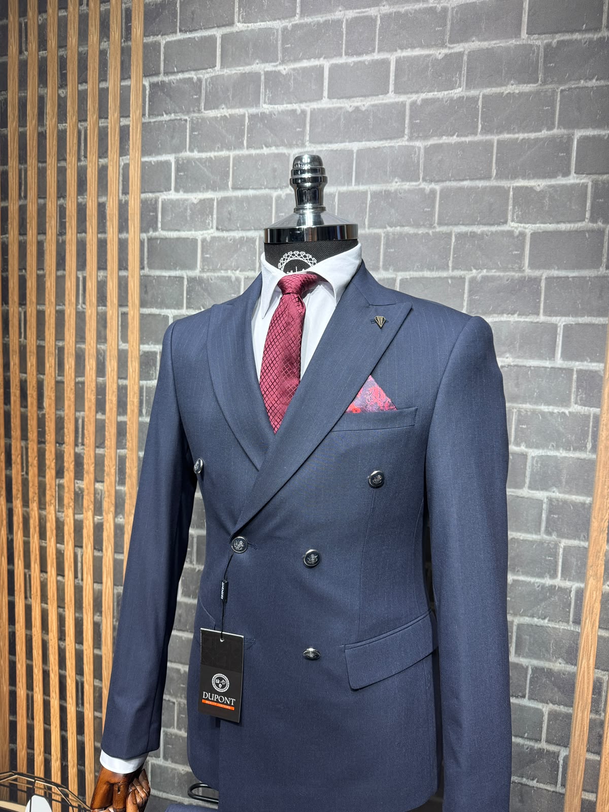 Dupont Erkek Çizgili Kruvaze Çift Yırtmaç 2'li Takım Elbise Slim Fit 6 Drop