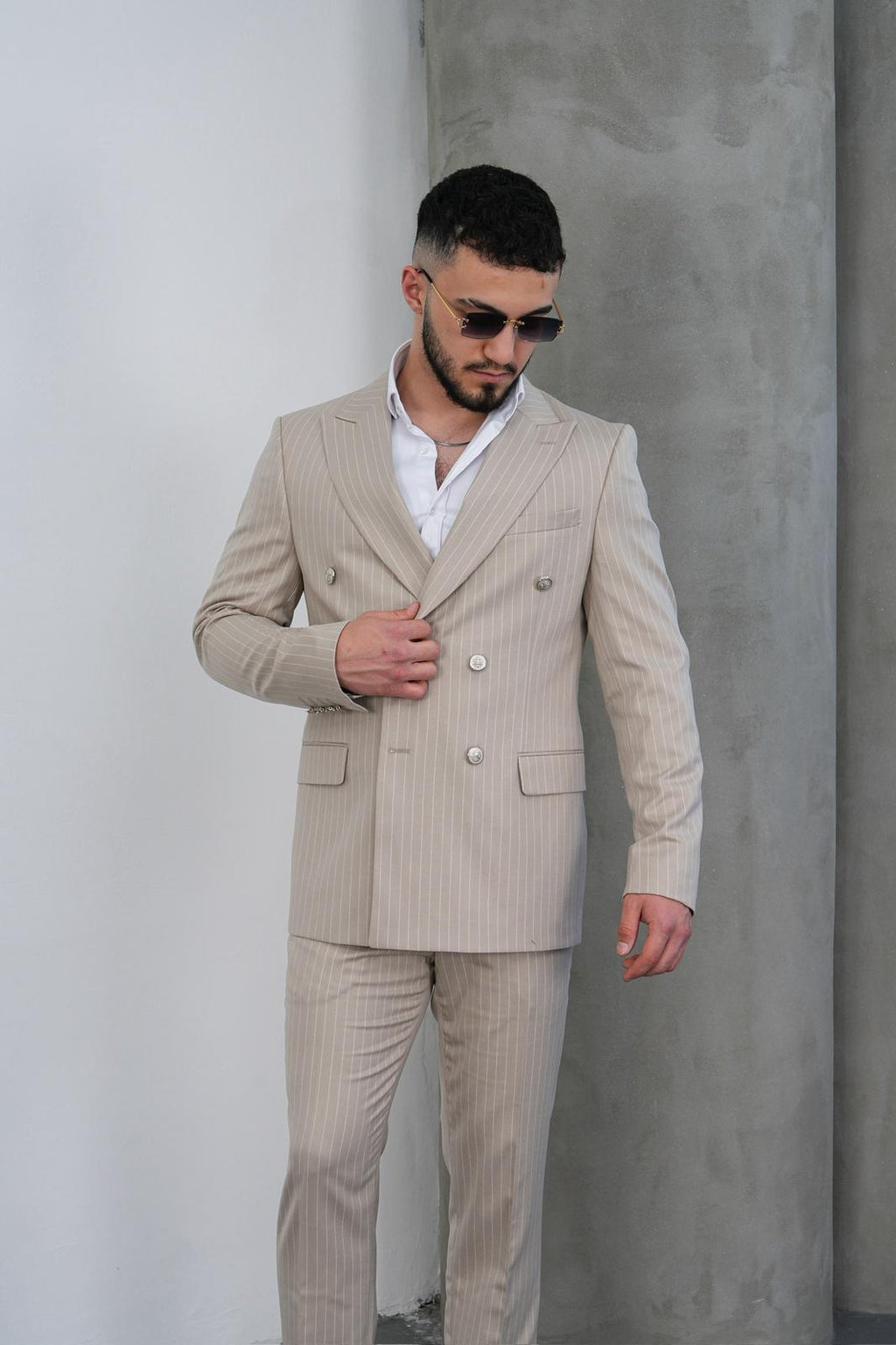 Dupont Erkek Çizgili Kruvaze Takım Elbise - Slim Fit 6 Drop Kırlangıç Yaka