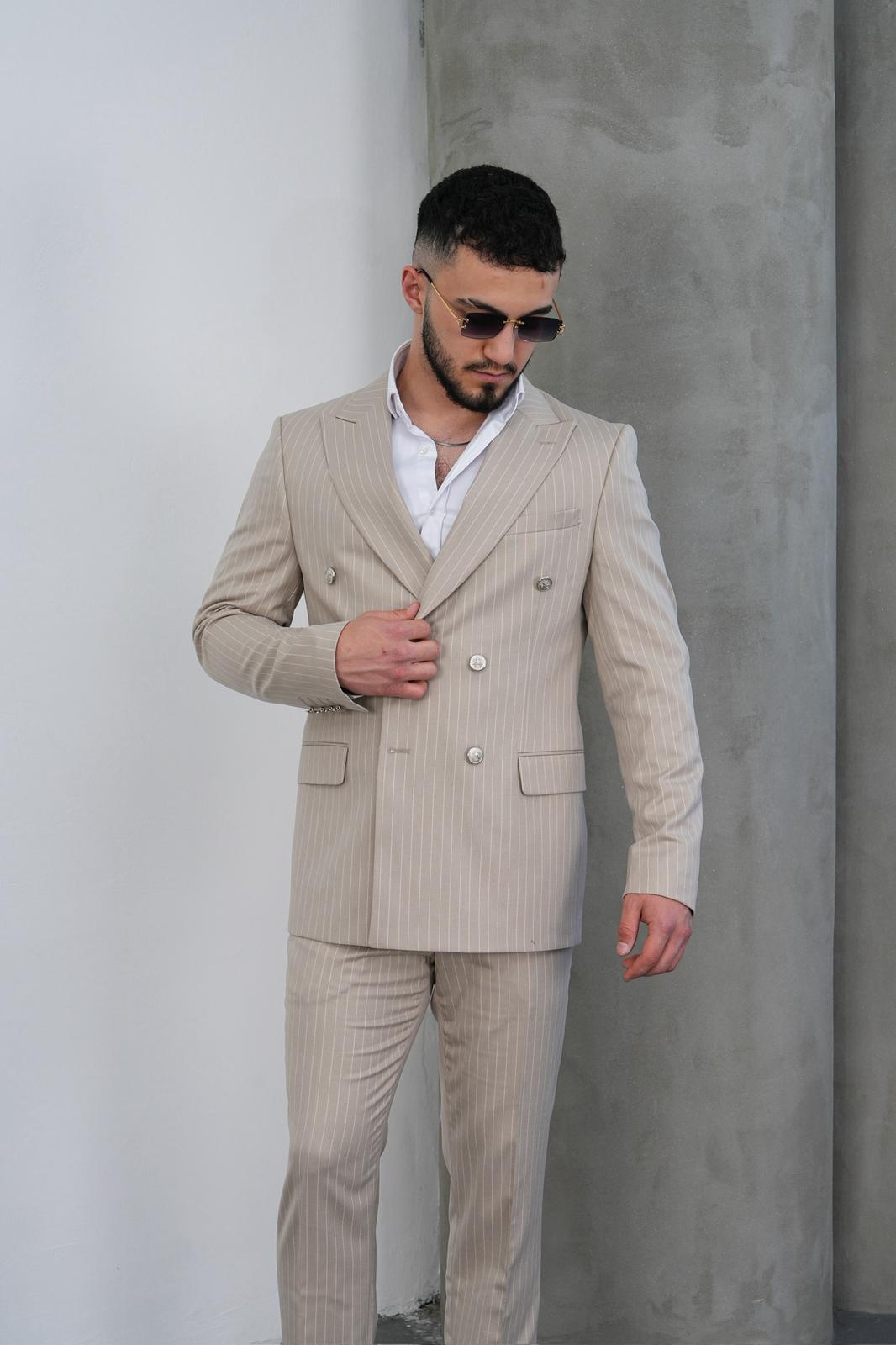 Dupont Erkek Çizgili Kruvaze Takım Elbise - Slim Fit 6 Drop Kırlangıç Yaka