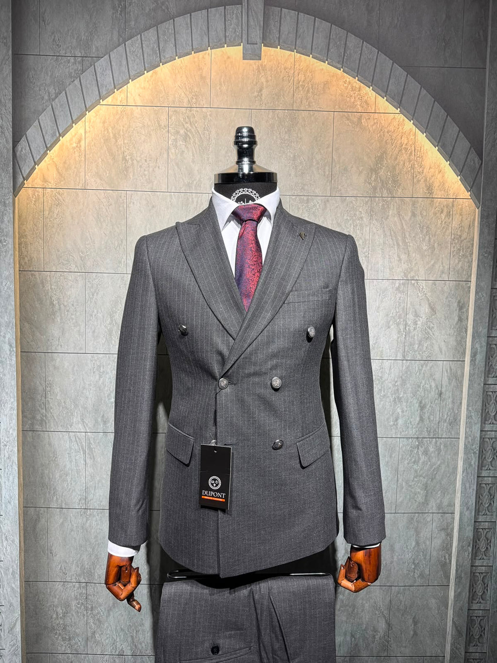 Dupont Erkek Çizgili Kruvaze Çift Yırtmaç 2'li Takım Elbise Slim Fit 6 Drop